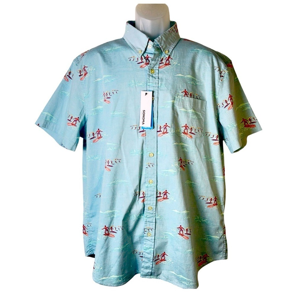New Sonoma Men’s Aqua Color Surfers Cotton Casual Button Down Shirt